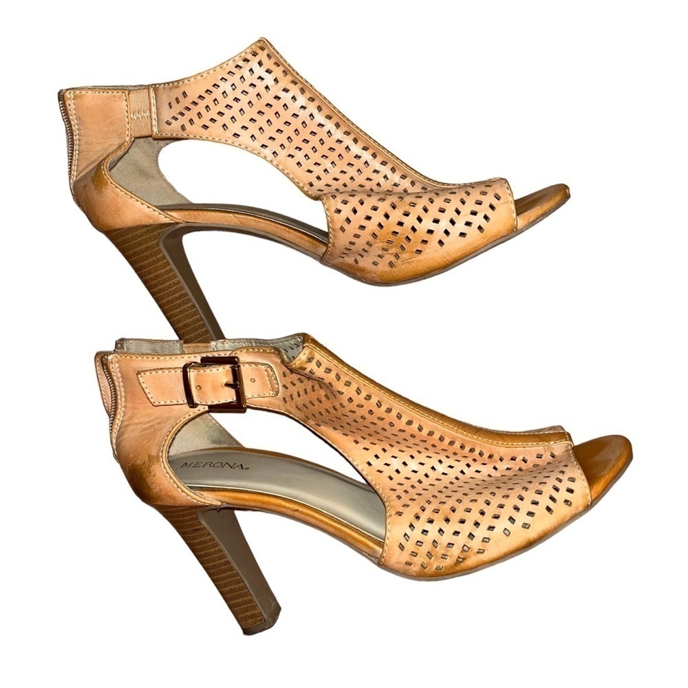 Merona Tan open toe geometric garden girl summer block heel sandals shoes Sz 10